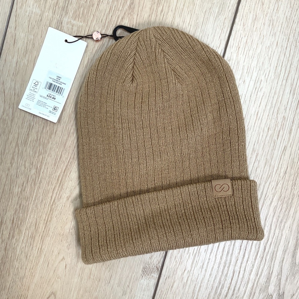 CALIA Ladies Ribbed Beanie Tan Brown Knit Cuffed Winter‎ Hat NWT